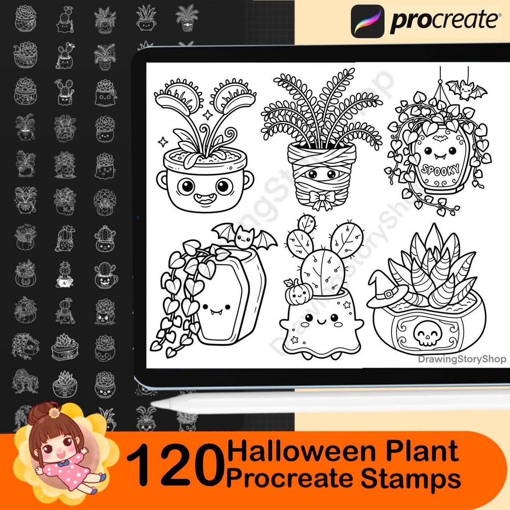 120 Halloween Plant Stamps for Procreate, Cute Cactus Brushes, Spooky Succulent & Kawaii Potted Plants