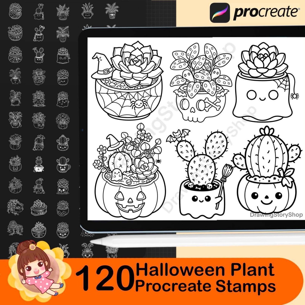 120 Halloween Plant Stamps for Procreate, Cute Cactus Brushes, Spooky Succulent & Kawaii Potted Plants