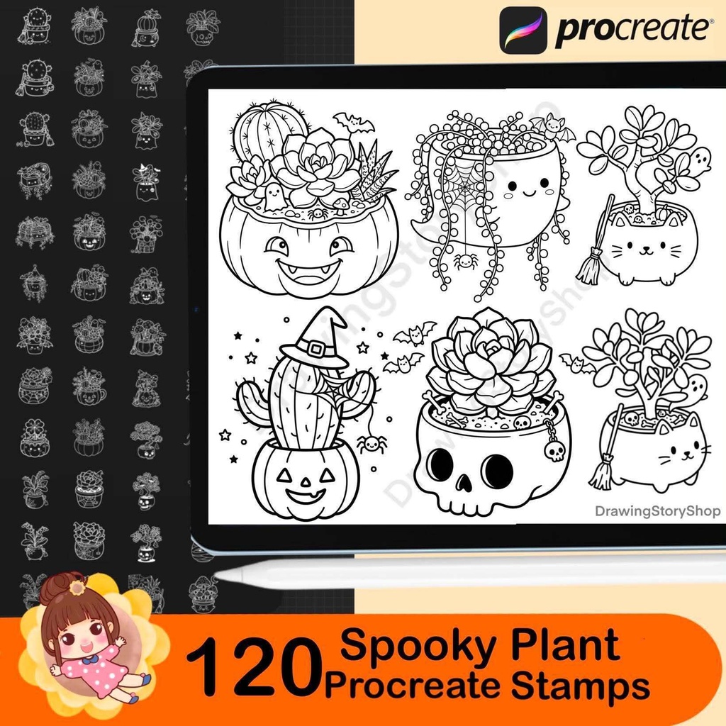 120 Spooky Plant Stamps for Procreate, Ghost Planters, Witchy Cactus & Halloween Succulents
