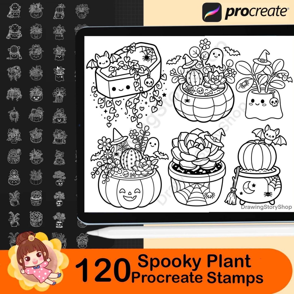 120 Spooky Plant Stamps for Procreate, Ghost Planters, Witchy Cactus & Halloween Succulents