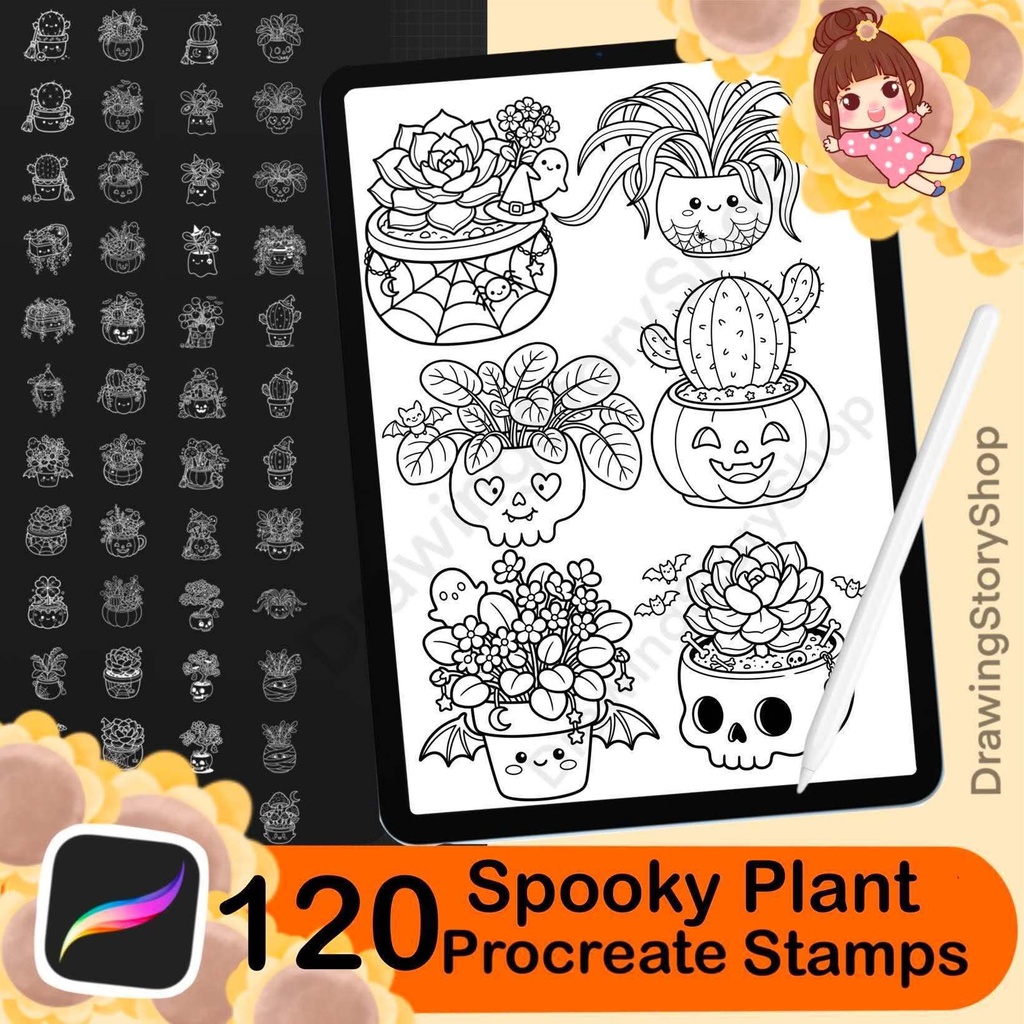 120 Spooky Plant Stamps for Procreate, Ghost Planters, Witchy Cactus & Halloween Succulents