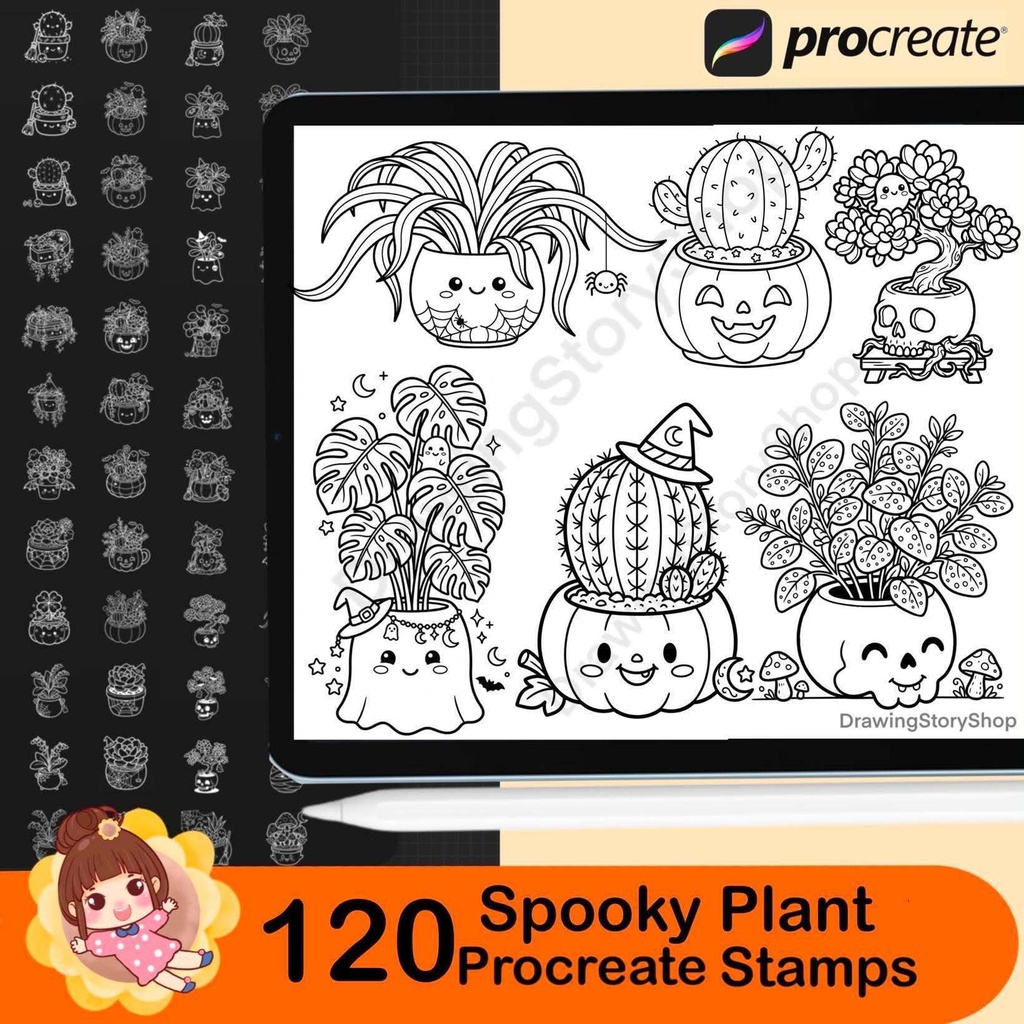 120 Spooky Plant Stamps for Procreate, Ghost Planters, Witchy Cactus & Halloween Succulents