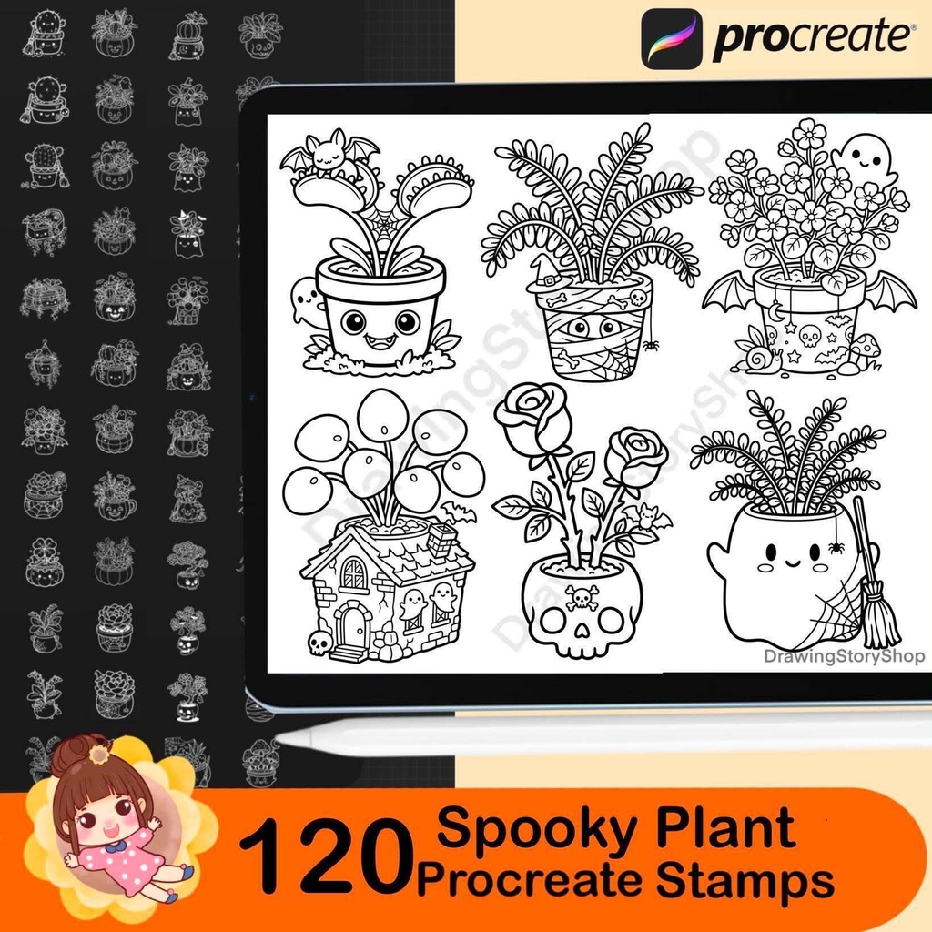 120 Spooky Plant Stamps for Procreate, Ghost Planters, Witchy Cactus & Halloween Succulents