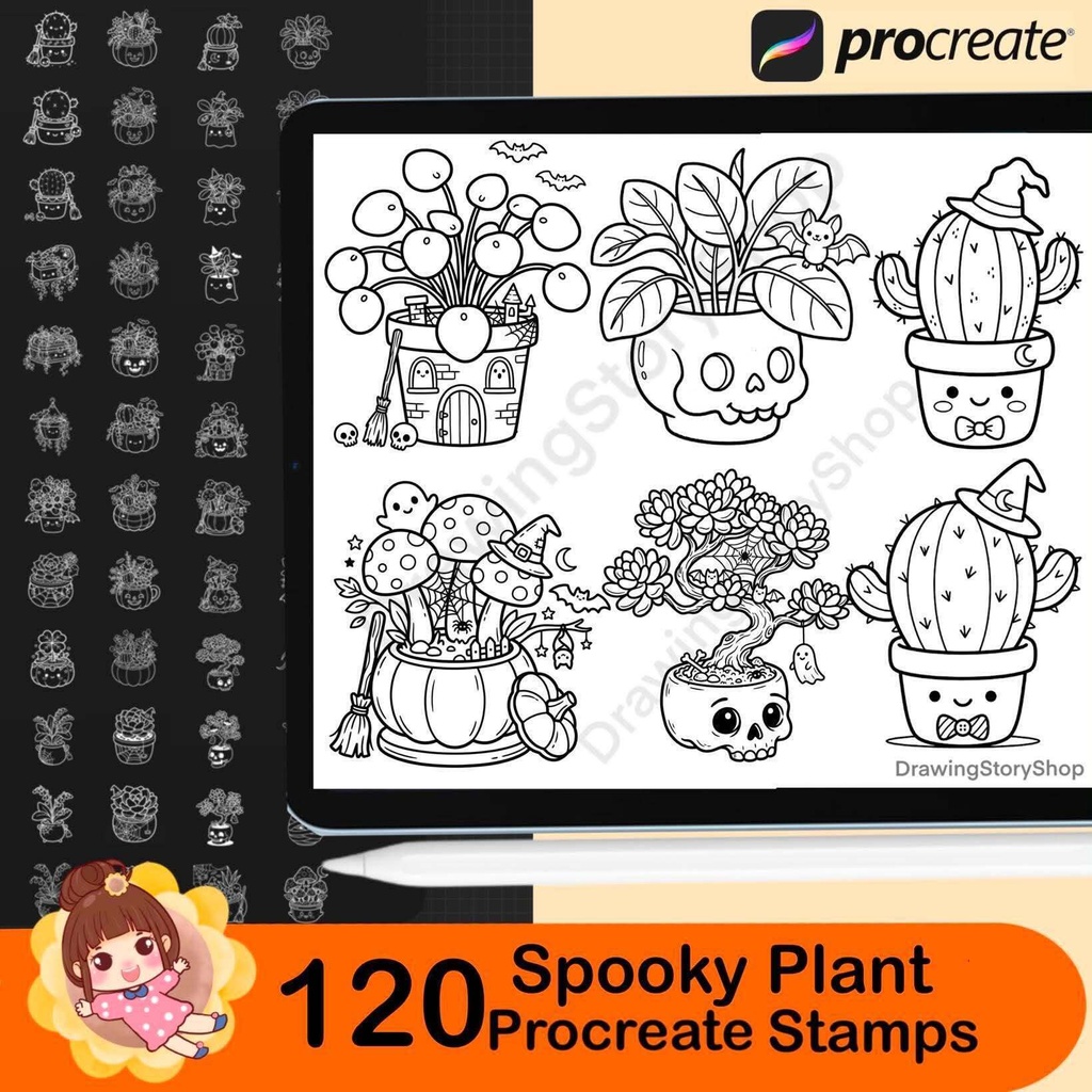 120 Spooky Plant Stamps for Procreate, Ghost Planters, Witchy Cactus & Halloween Succulents