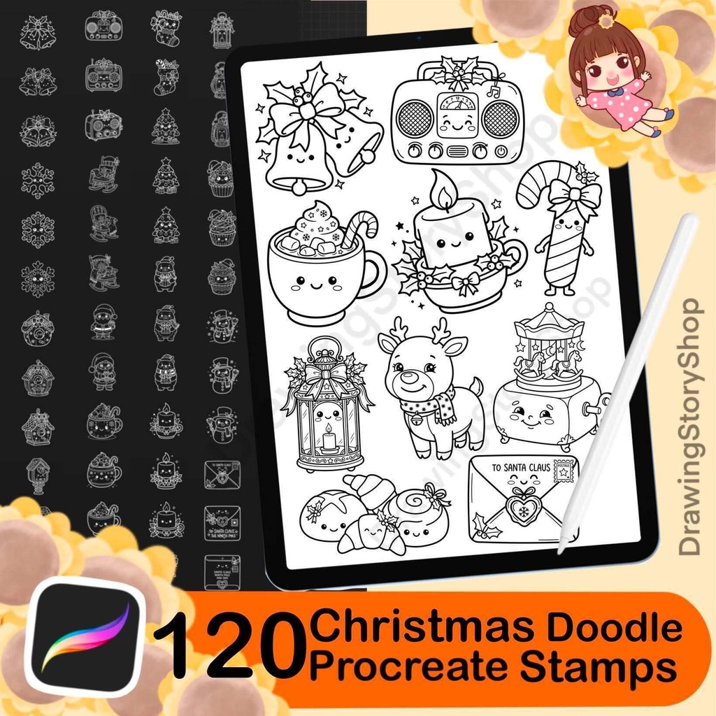 120 Christmas Procreate Stamps, Cute Christmas Doodle Brushes, Kawaii Holiday Clipart, Xmas Stamp Set for iPad