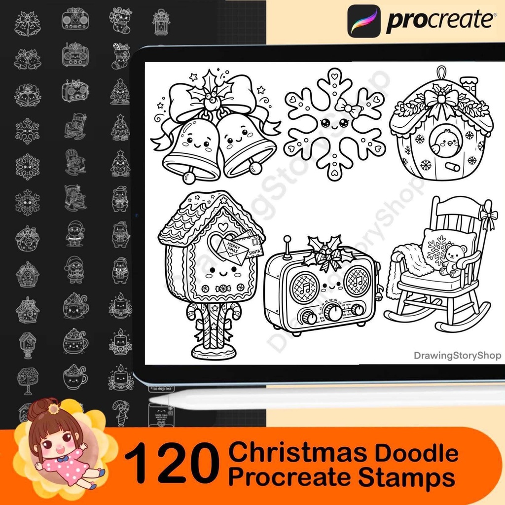 120 Christmas Procreate Stamps, Cute Christmas Doodle Brushes, Kawaii Holiday Clipart, Xmas Stamp Set for iPad
