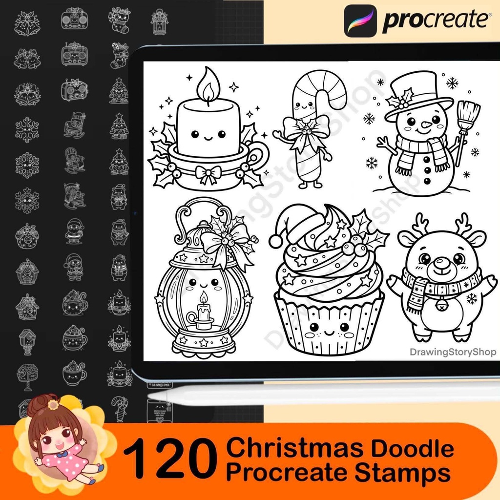 120 Christmas Procreate Stamps, Cute Christmas Doodle Brushes, Kawaii Holiday Clipart, Xmas Stamp Set for iPad