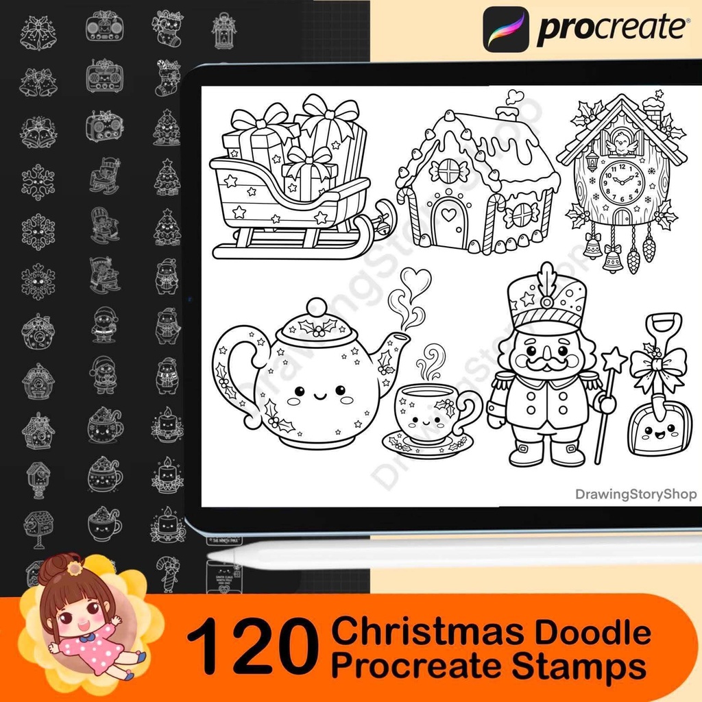120 Christmas Procreate Stamps, Cute Christmas Doodle Brushes, Kawaii Holiday Clipart, Xmas Stamp Set for iPad