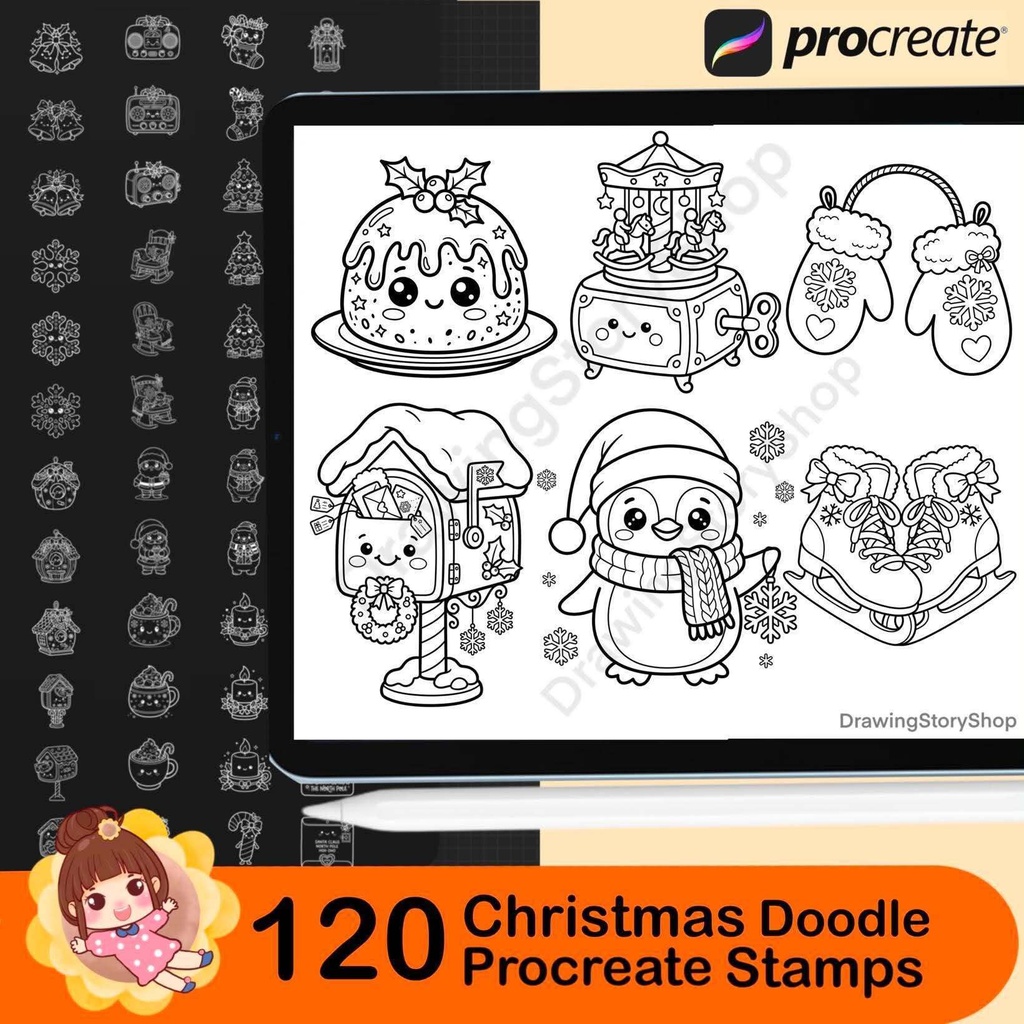 120 Christmas Procreate Stamps, Cute Christmas Doodle Brushes, Kawaii Holiday Clipart, Xmas Stamp Set for iPad