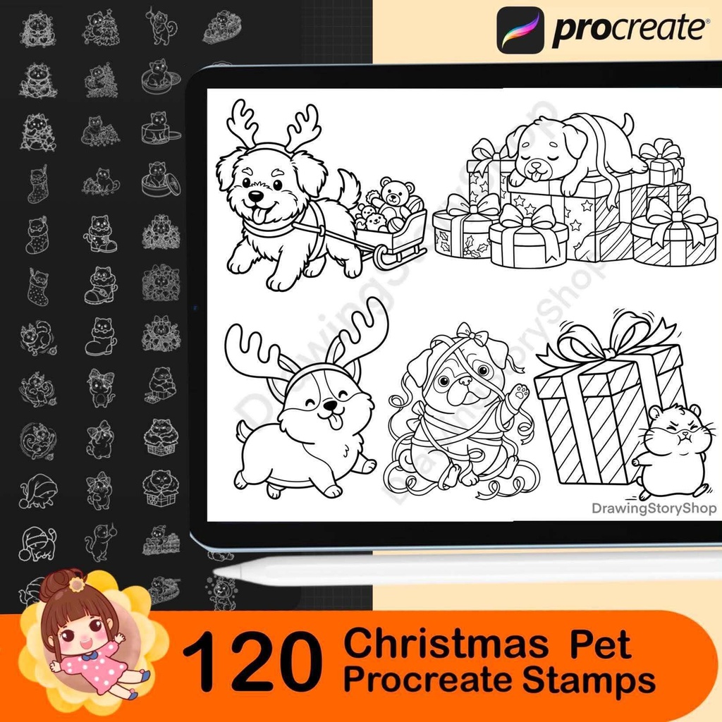 120 Christmas Pet Stamps for Procreate, Cute Cat and Dog Brushes, Kawaii Animal Holiday Doodles, Xmas Stamp Set