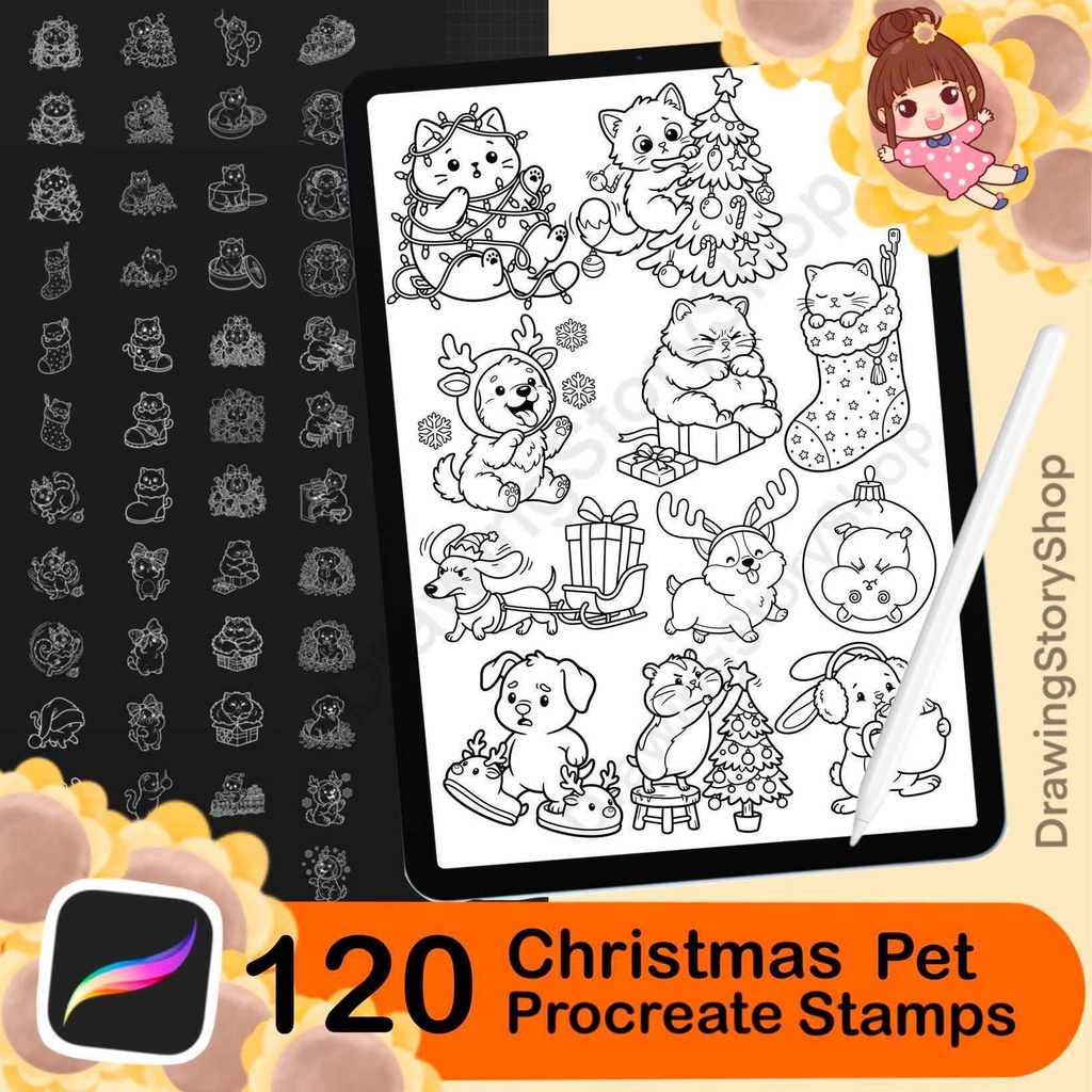 120 Christmas Pet Stamps for Procreate, Cute Cat and Dog Brushes, Kawaii Animal Holiday Doodles, Xmas Stamp Set