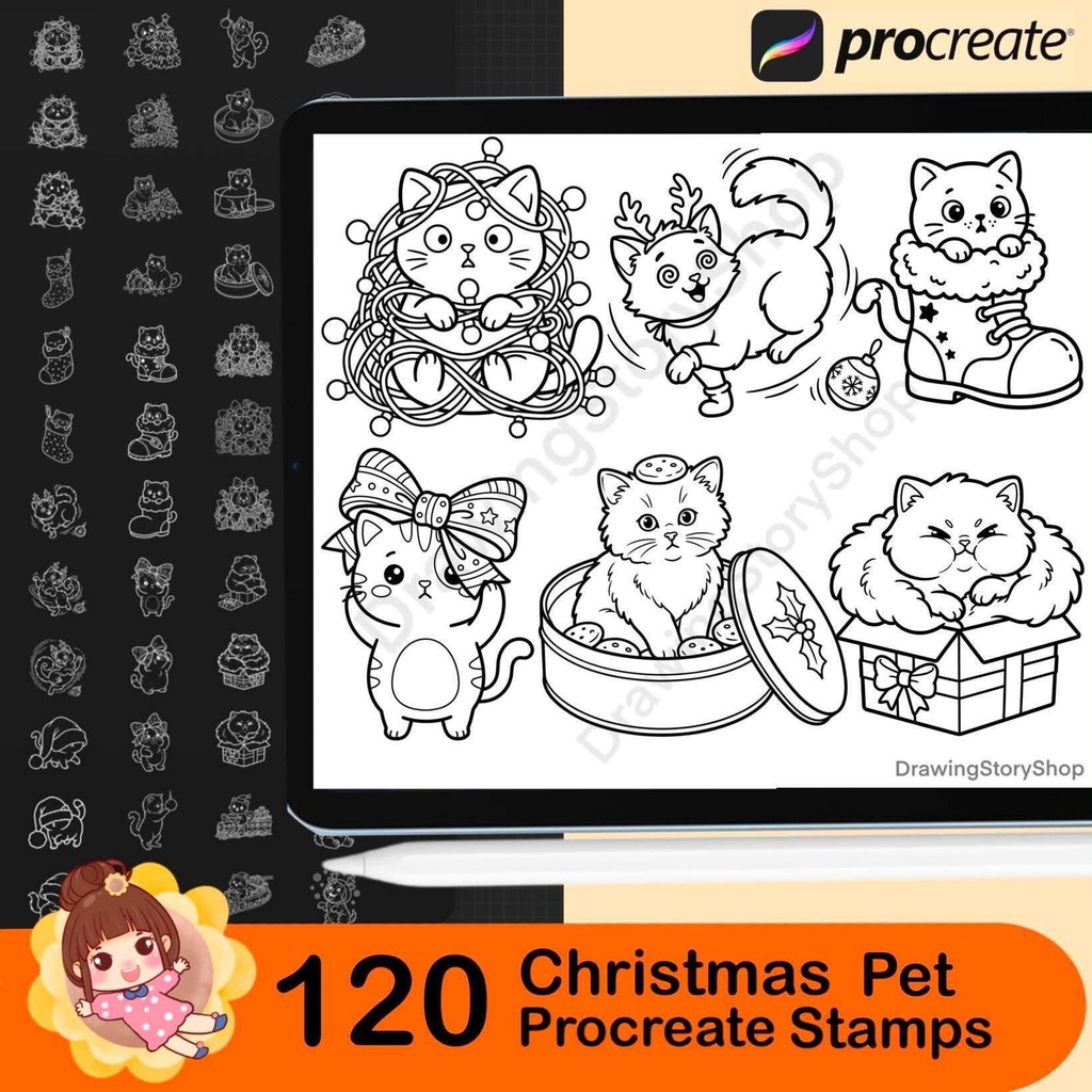 120 Christmas Pet Stamps for Procreate, Cute Cat and Dog Brushes, Kawaii Animal Holiday Doodles, Xmas Stamp Set