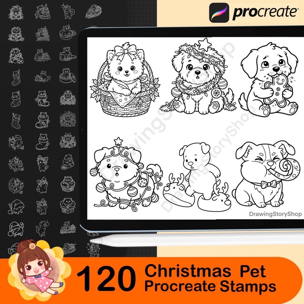 120 Christmas Pet Stamps for Procreate, Cute Cat and Dog Brushes, Kawaii Animal Holiday Doodles, Xmas Stamp Set
