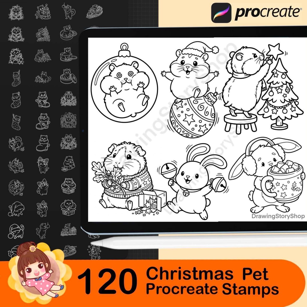 120 Christmas Pet Stamps for Procreate, Cute Cat and Dog Brushes, Kawaii Animal Holiday Doodles, Xmas Stamp Set