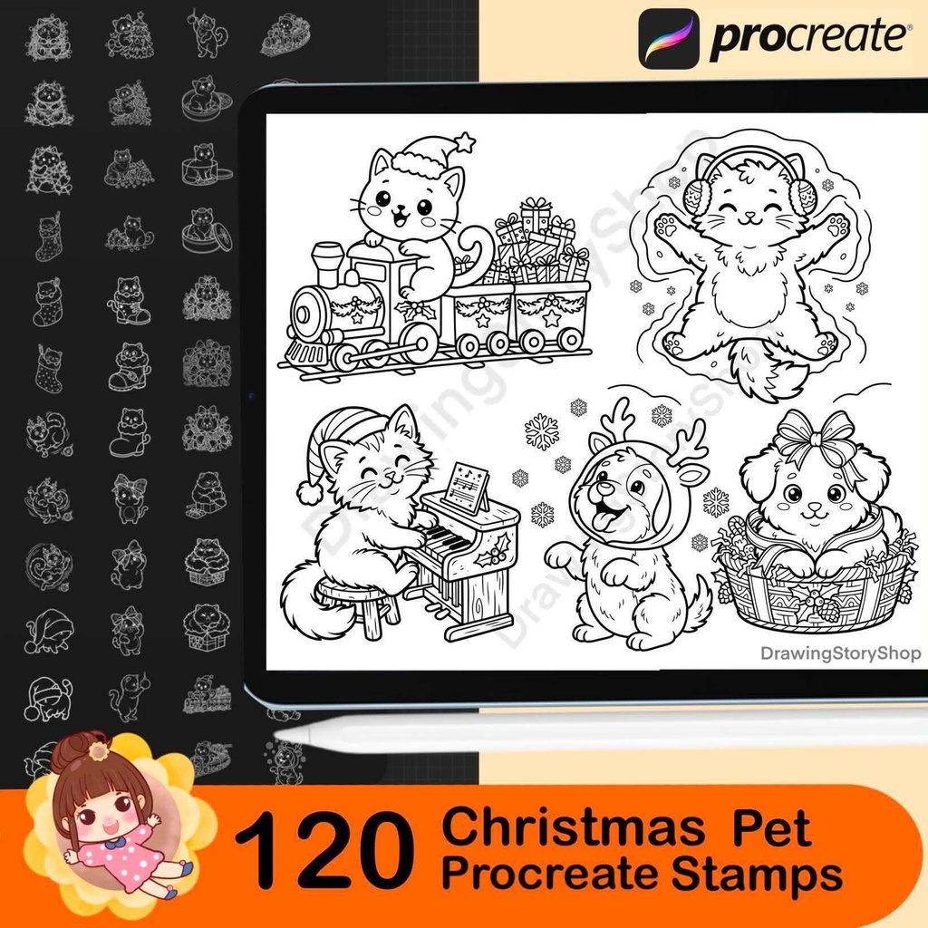 120 Christmas Pet Stamps for Procreate, Cute Cat and Dog Brushes, Kawaii Animal Holiday Doodles, Xmas Stamp Set