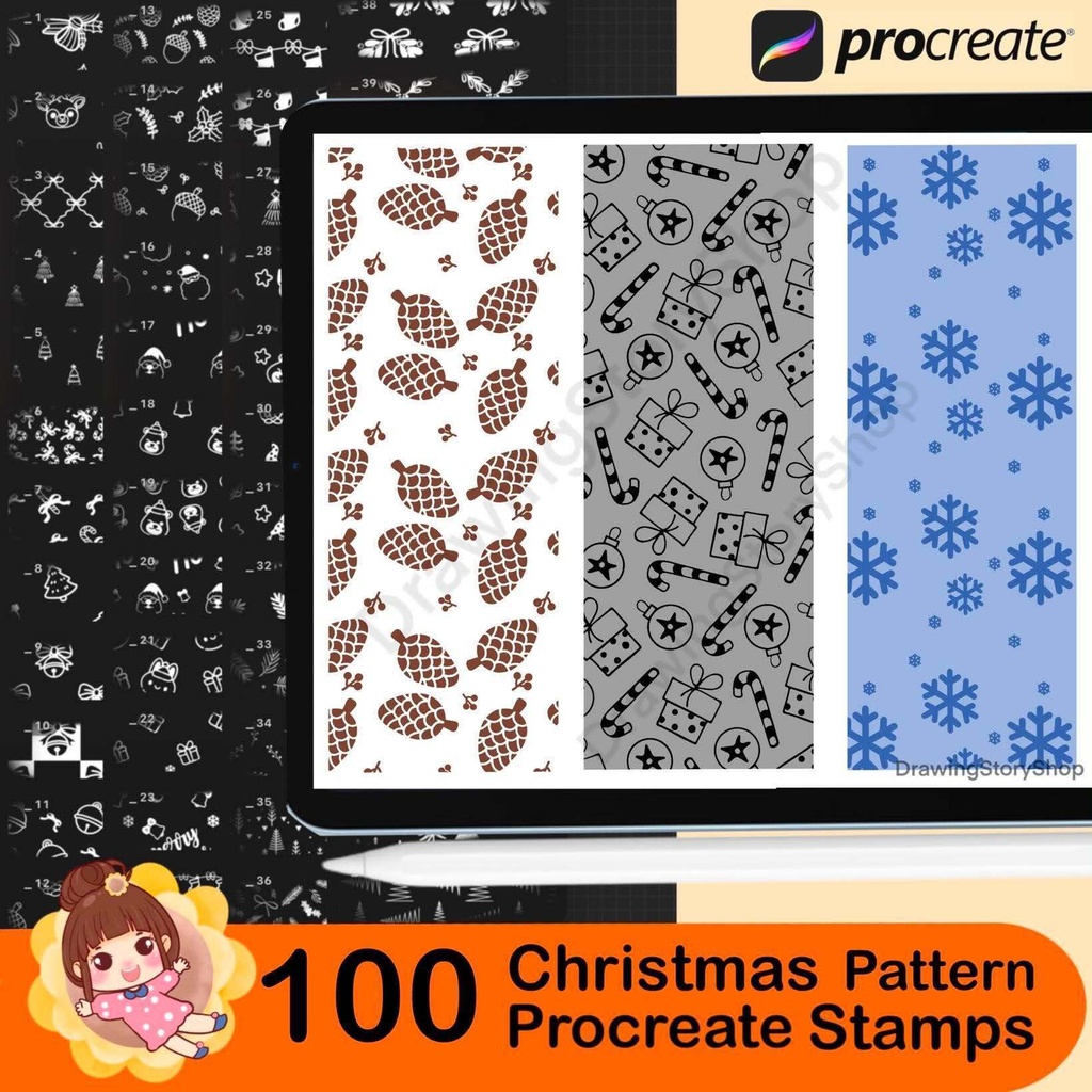 100 Christmas Pattern Stamps for Procreate, Seamless Holiday Brushes, Cute Xmas Textures, Festive Repeating Backgrounds