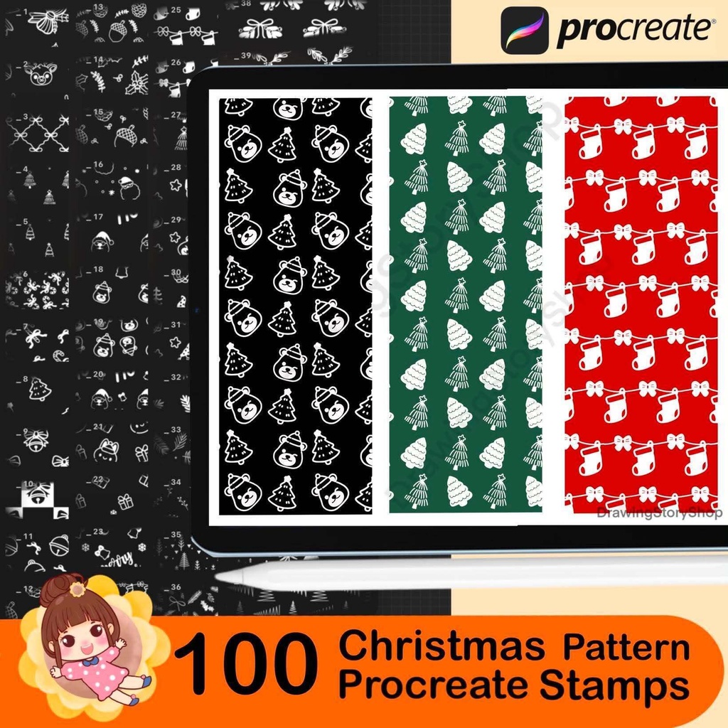 100 Christmas Pattern Stamps for Procreate, Seamless Holiday Brushes, Cute Xmas Textures, Festive Repeating Backgrounds