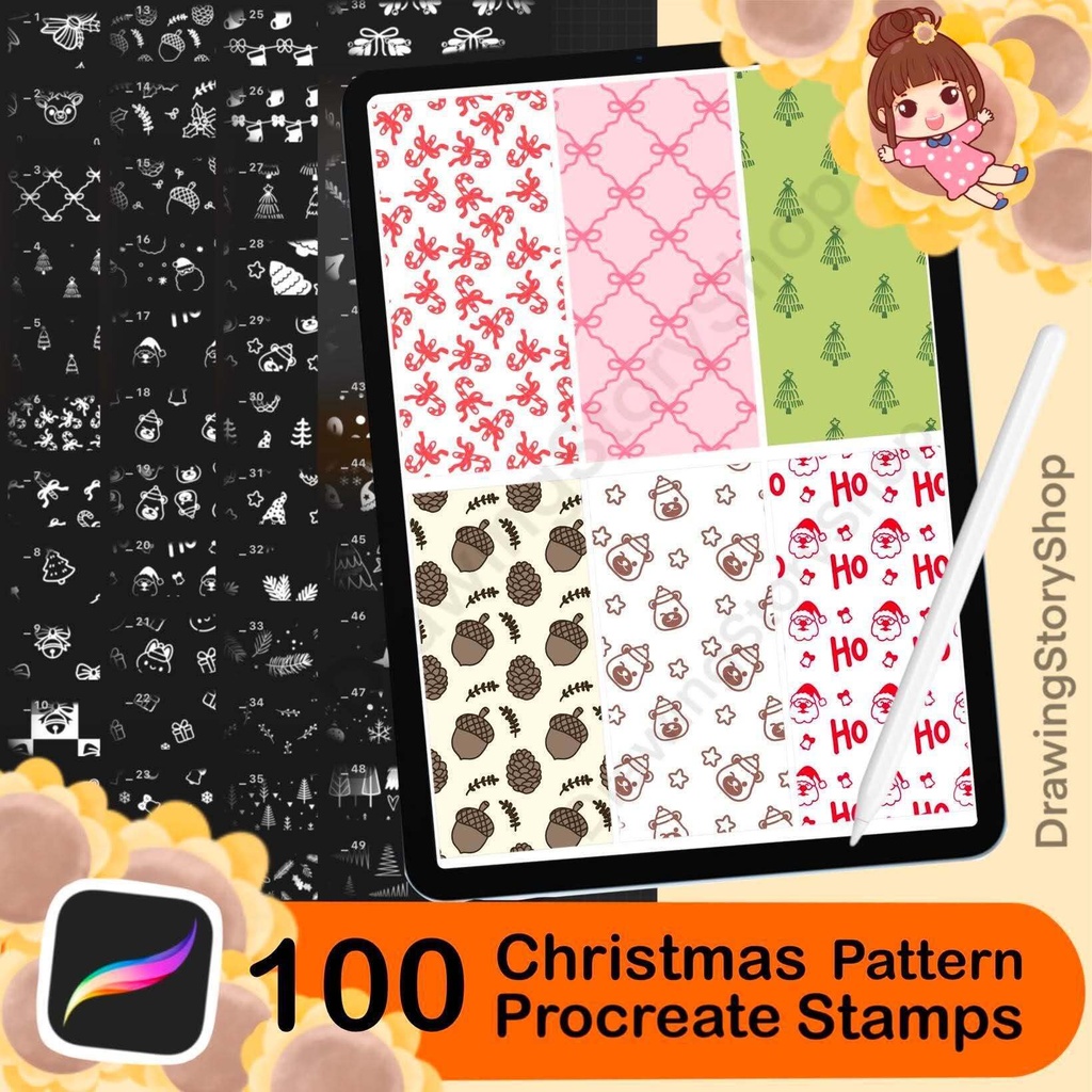 100 Christmas Pattern Stamps for Procreate, Seamless Holiday Brushes, Cute Xmas Textures, Festive Repeating Backgrounds