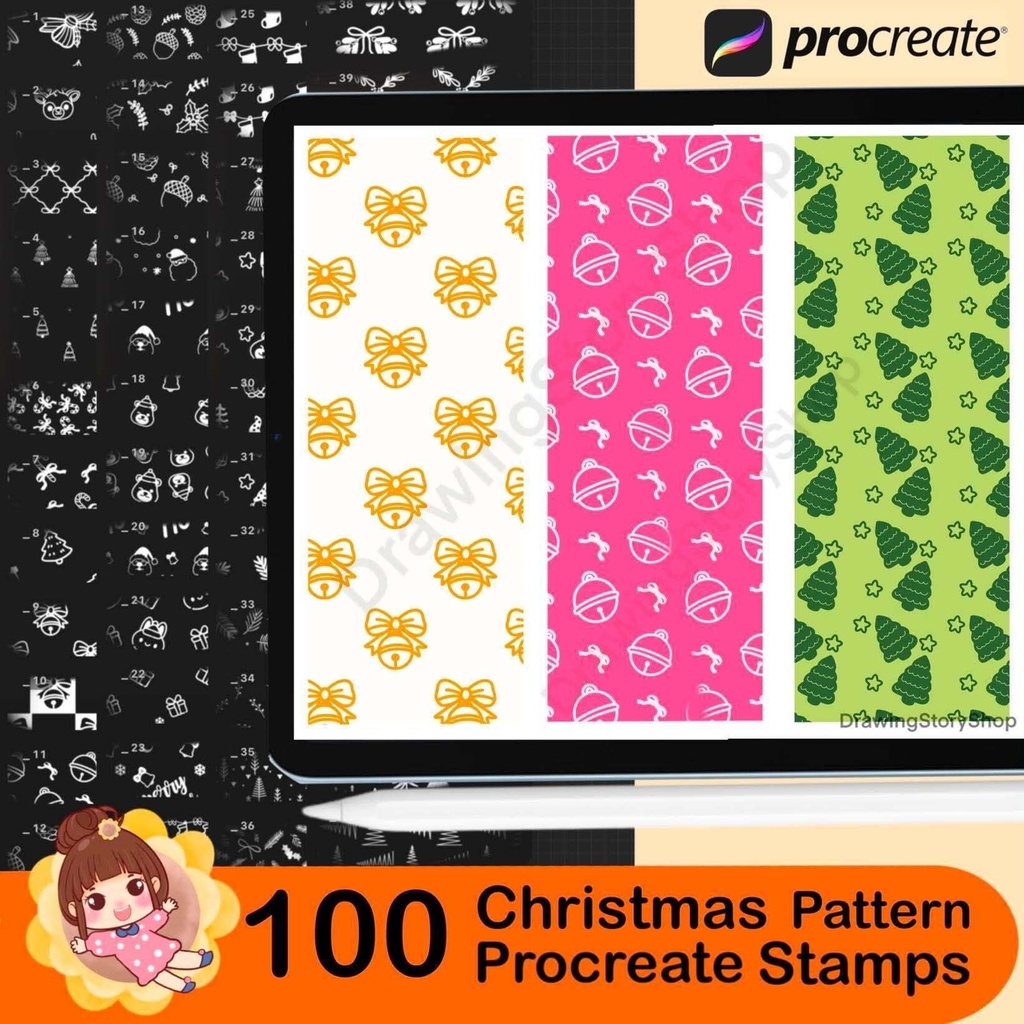 100 Christmas Pattern Stamps for Procreate, Seamless Holiday Brushes, Cute Xmas Textures, Festive Repeating Backgrounds