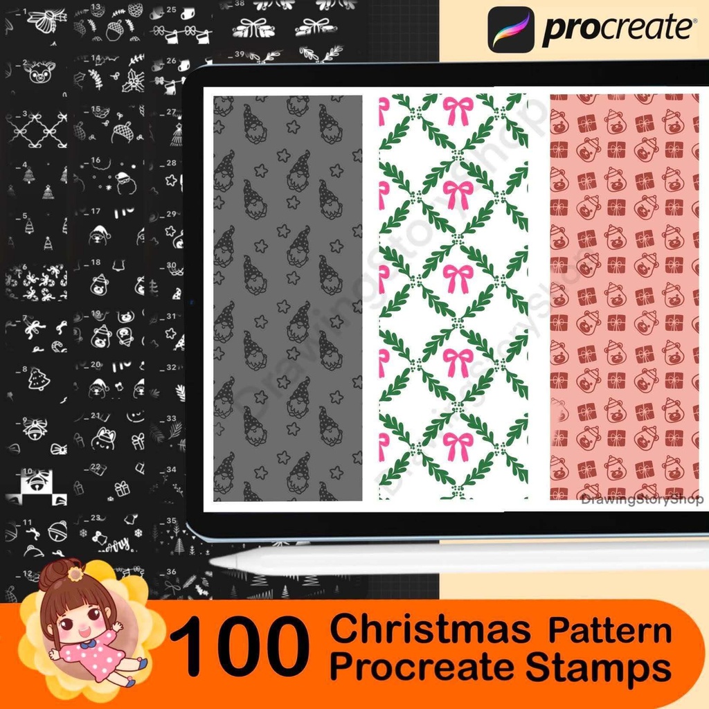 100 Christmas Pattern Stamps for Procreate, Seamless Holiday Brushes, Cute Xmas Textures, Festive Repeating Backgrounds