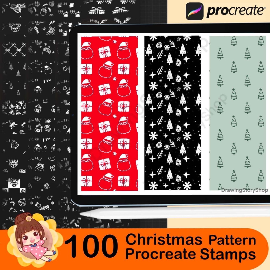 100 Christmas Pattern Stamps for Procreate, Seamless Holiday Brushes, Cute Xmas Textures, Festive Repeating Backgrounds