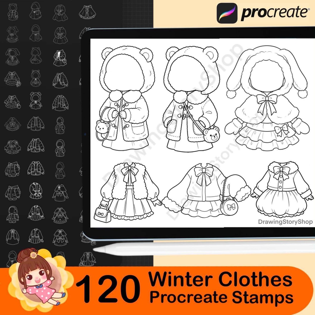 120 Winter Outfit Stamps for Procreate, Kawaii Clothes Brushes, Cute Chibi Anime Fashion Stamps, Cozy Winter Clothing Set