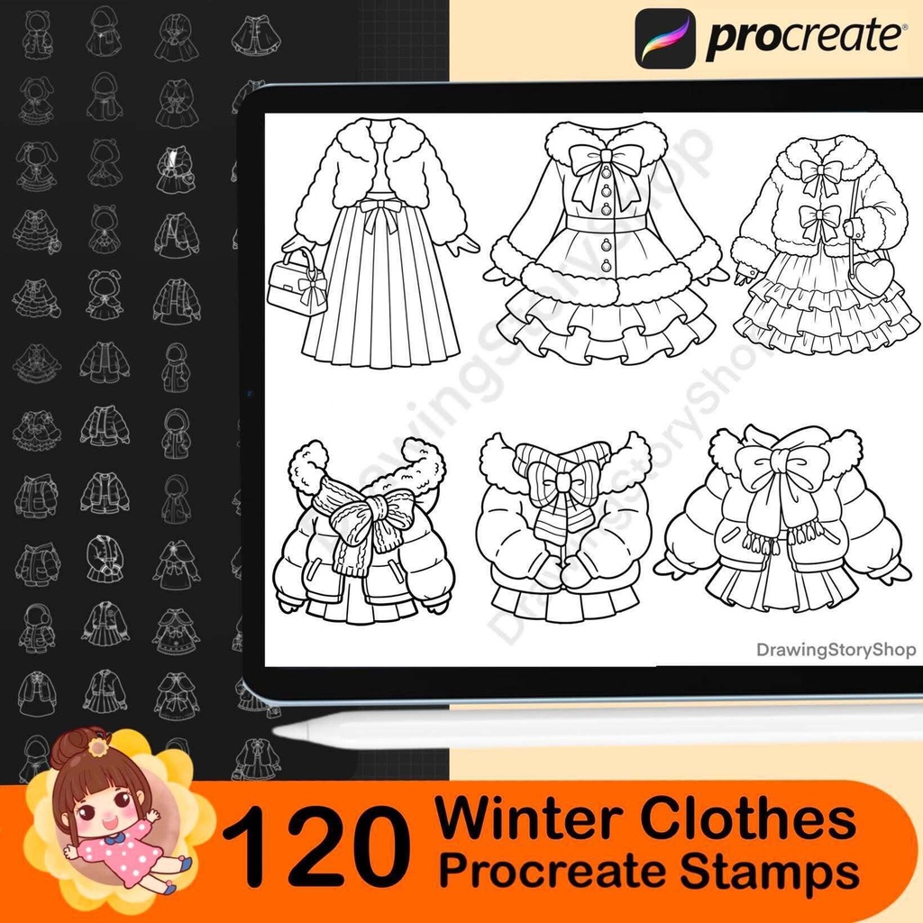 120 Winter Outfit Stamps for Procreate, Kawaii Clothes Brushes, Cute Chibi Anime Fashion Stamps, Cozy Winter Clothing Set