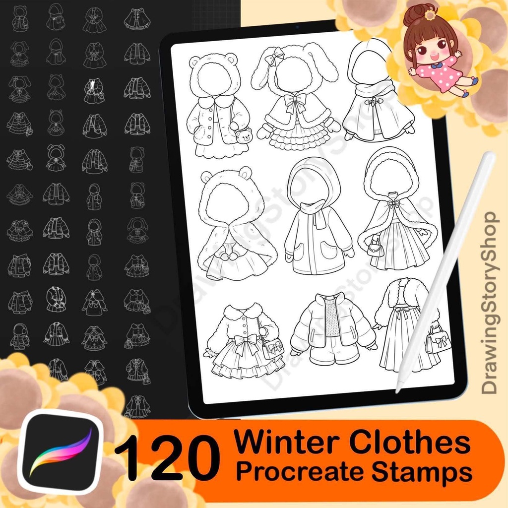 120 Winter Outfit Stamps for Procreate, Kawaii Clothes Brushes, Cute Chibi Anime Fashion Stamps, Cozy Winter Clothing Set