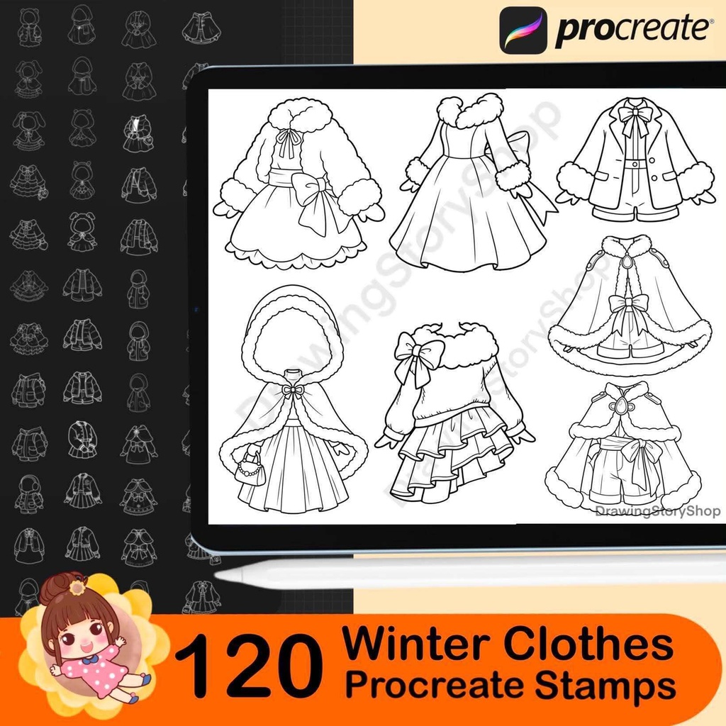 120 Winter Outfit Stamps for Procreate, Kawaii Clothes Brushes, Cute Chibi Anime Fashion Stamps, Cozy Winter Clothing Set