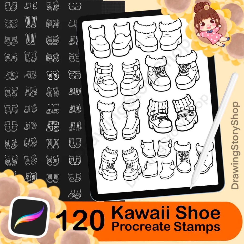 120 Kawaii Shoe Stamps for Procreate, Cute Chibi Anime Boots Brushes, Chunky Platform Shoes, Cartoon Footwear Stamp Set