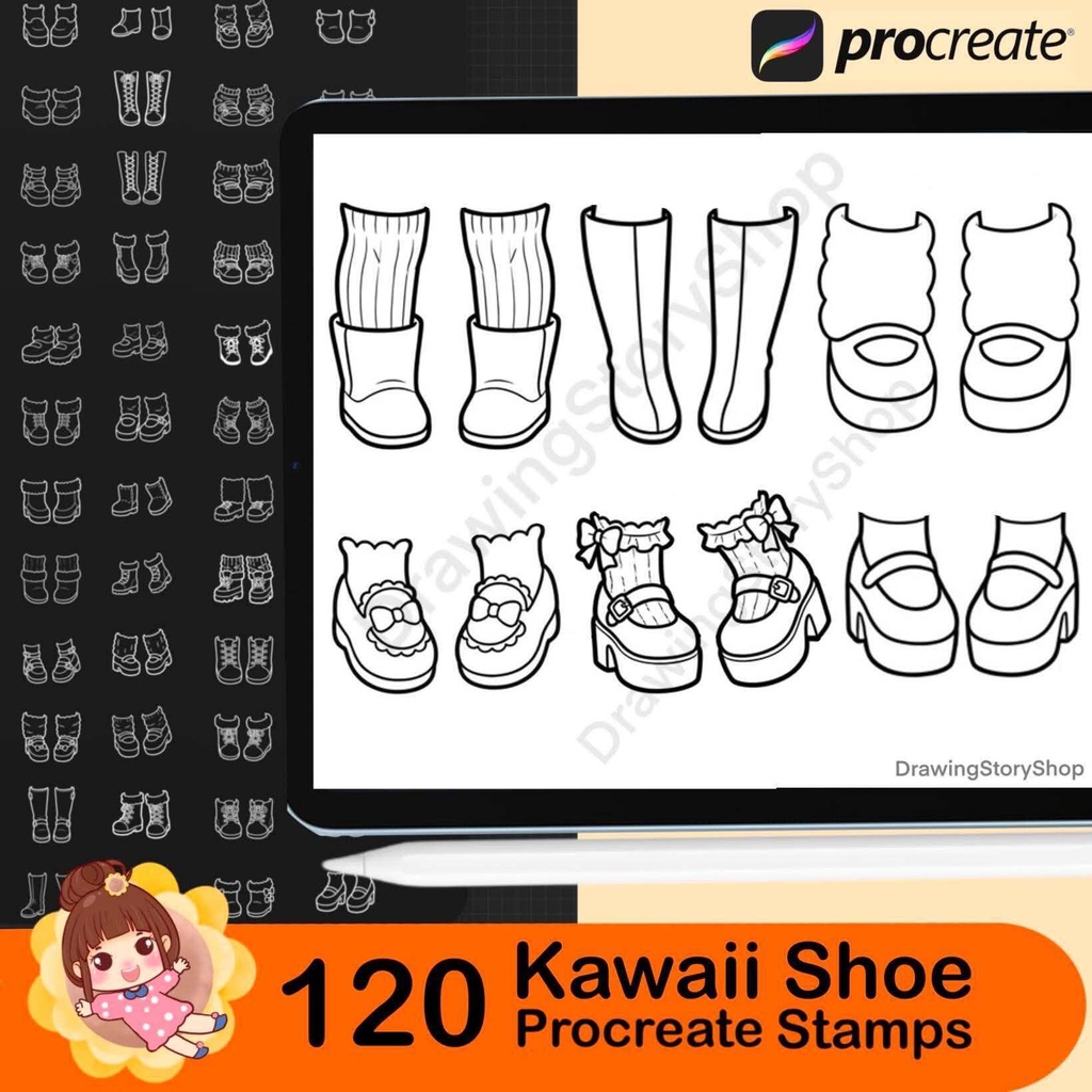 120 Kawaii Shoe Stamps for Procreate, Cute Chibi Anime Boots Brushes, Chunky Platform Shoes, Cartoon Footwear Stamp Set