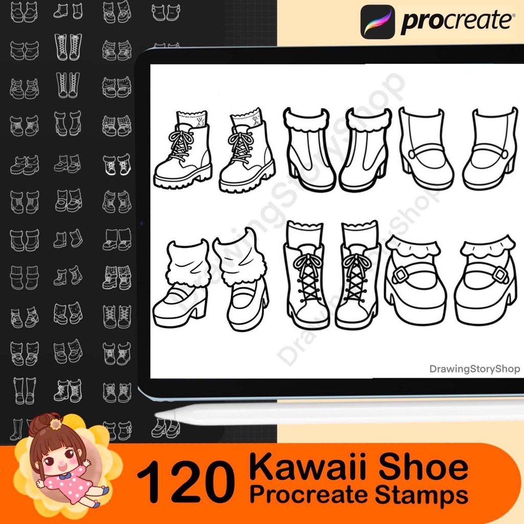 120 Kawaii Shoe Stamps for Procreate, Cute Chibi Anime Boots Brushes, Chunky Platform Shoes, Cartoon Footwear Stamp Set