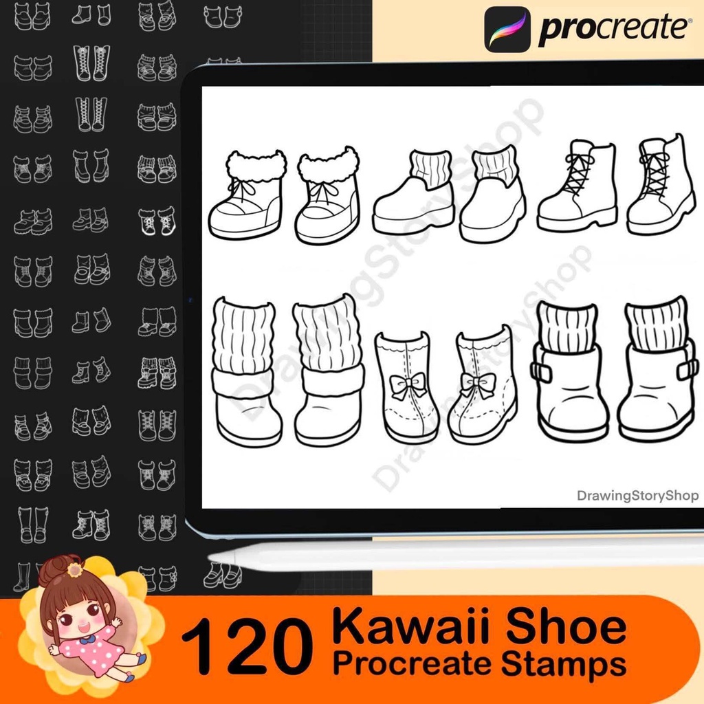 120 Kawaii Shoe Stamps for Procreate, Cute Chibi Anime Boots Brushes, Chunky Platform Shoes, Cartoon Footwear Stamp Set