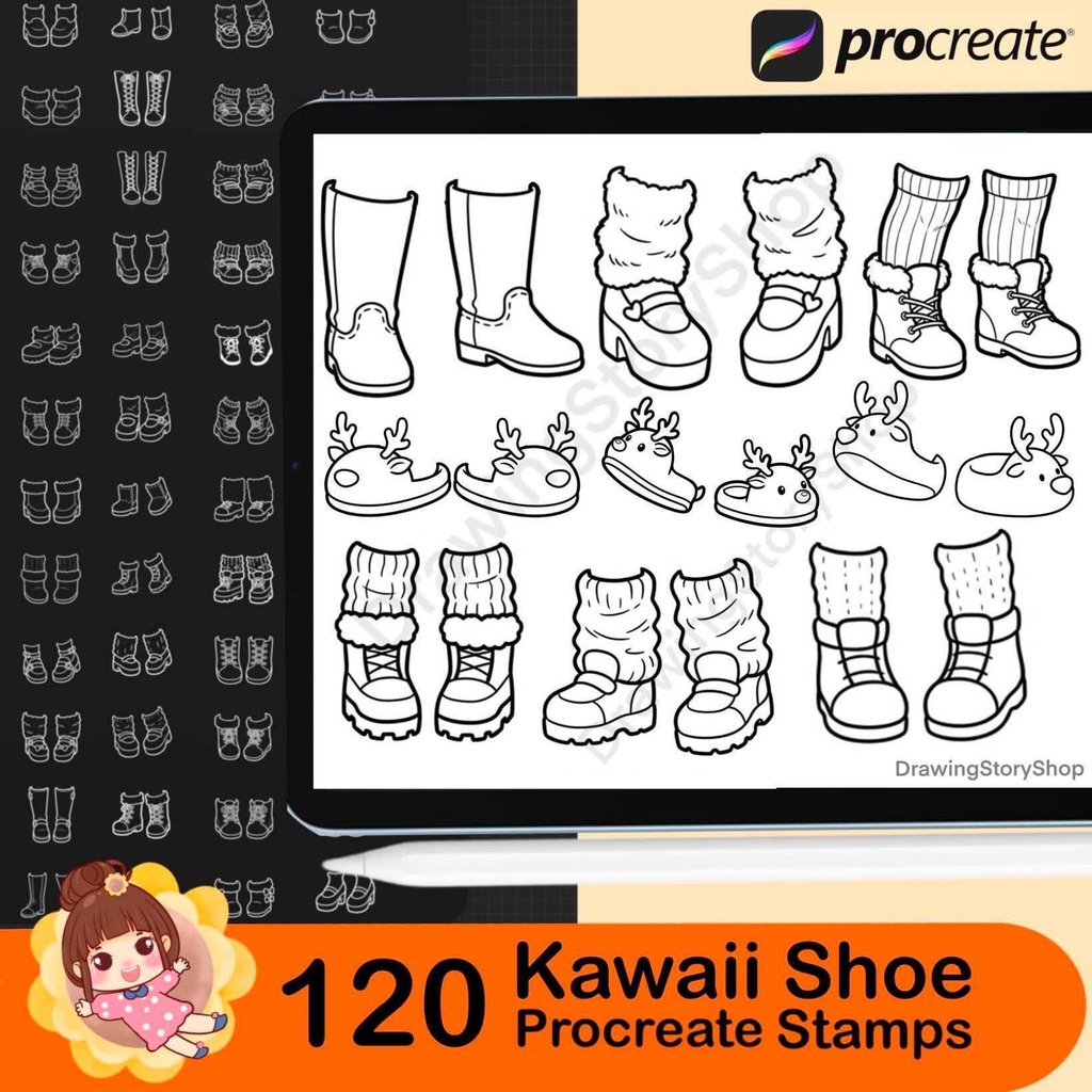 120 Kawaii Shoe Stamps for Procreate, Cute Chibi Anime Boots Brushes, Chunky Platform Shoes, Cartoon Footwear Stamp Set