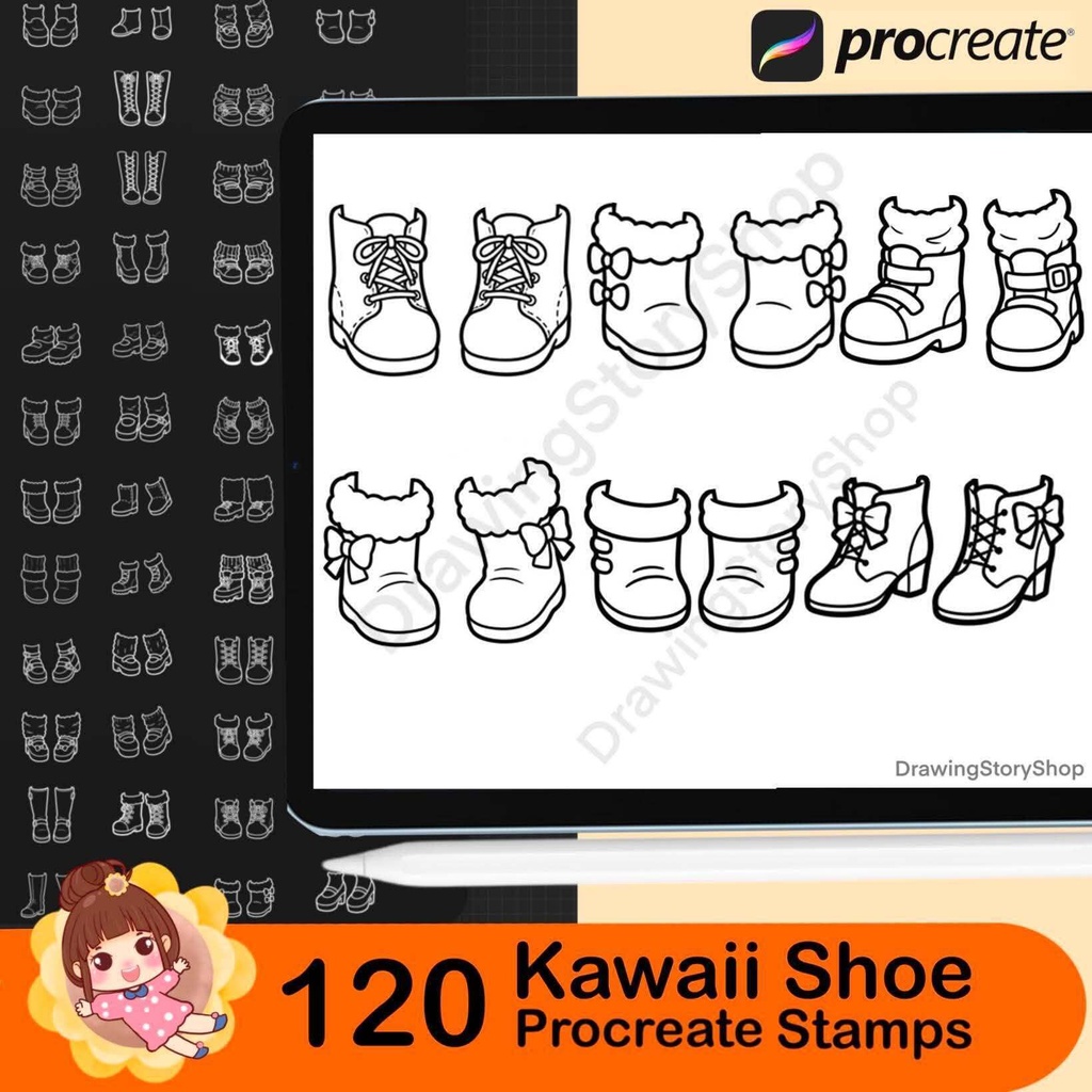 120 Kawaii Shoe Stamps for Procreate, Cute Chibi Anime Boots Brushes, Chunky Platform Shoes, Cartoon Footwear Stamp Set