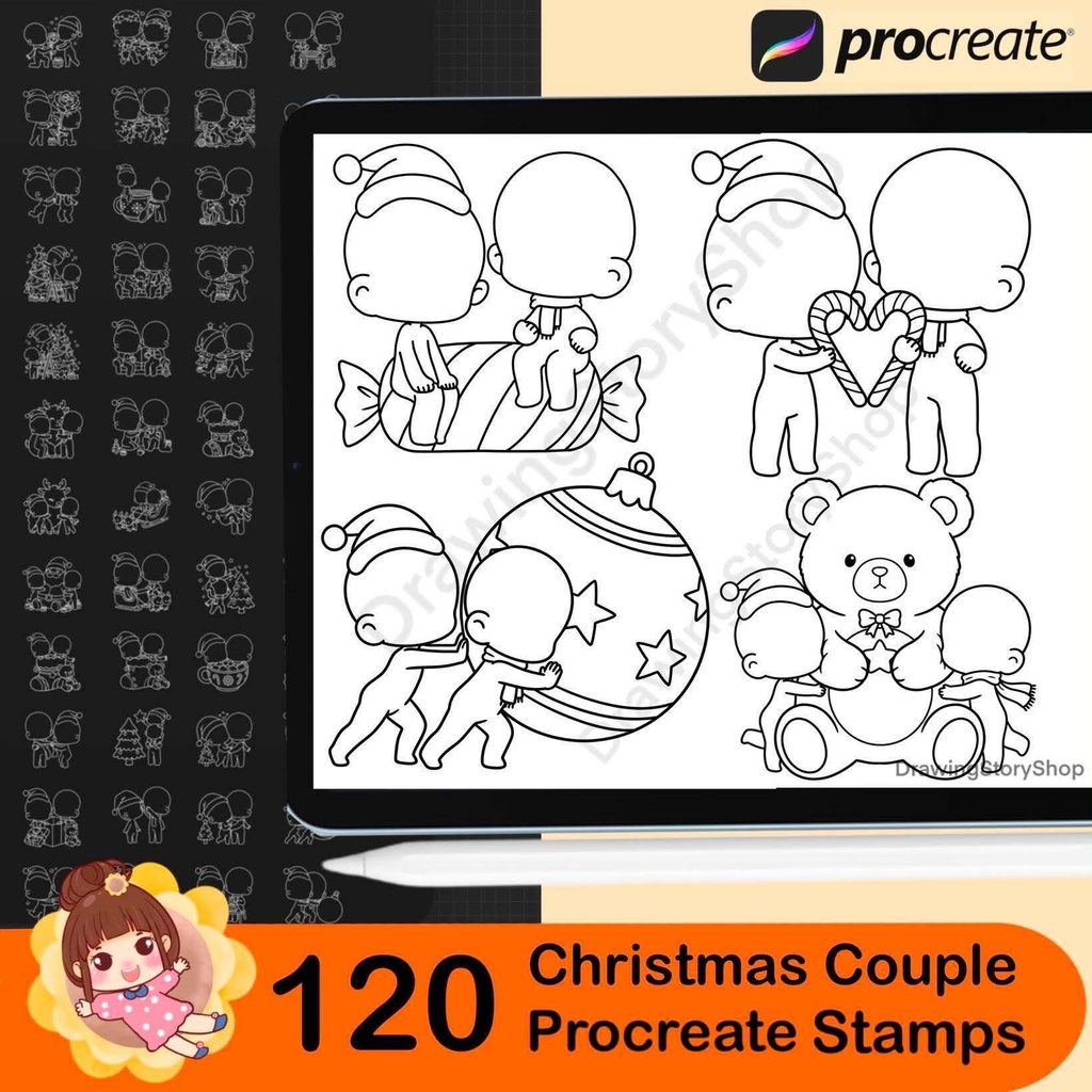 120 Christmas Couple Stamps for Procreate, Cute Chibi Christmas Brushes, Kawaii Holiday Doodle & Anime Couple Poses