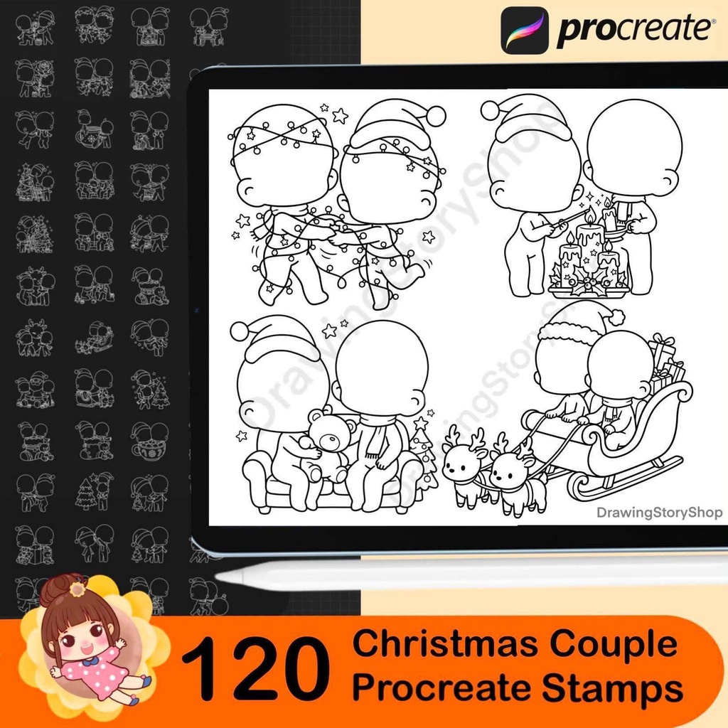120 Christmas Couple Stamps for Procreate, Cute Chibi Christmas Brushes, Kawaii Holiday Doodle & Anime Couple Poses