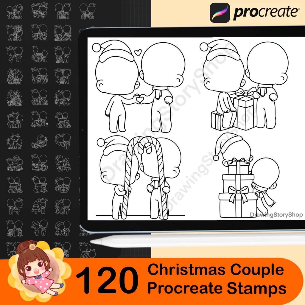 120 Christmas Couple Stamps for Procreate, Cute Chibi Christmas Brushes, Kawaii Holiday Doodle & Anime Couple Poses