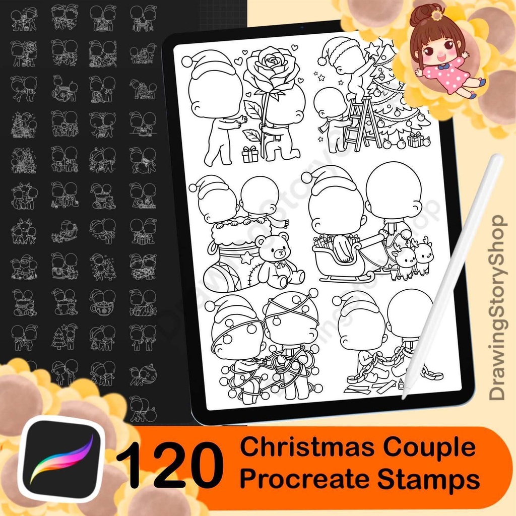 120 Christmas Couple Stamps for Procreate, Cute Chibi Christmas Brushes, Kawaii Holiday Doodle & Anime Couple Poses