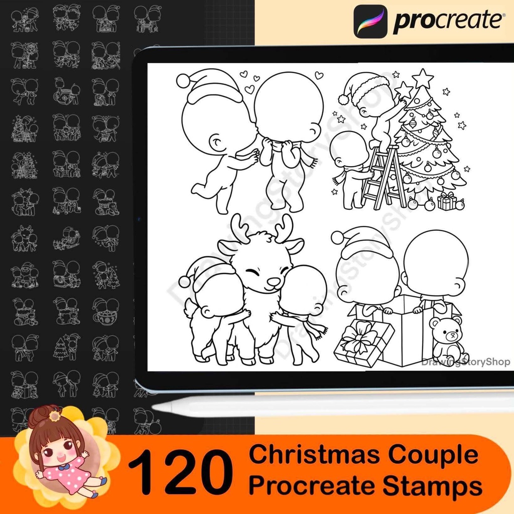 120 Christmas Couple Stamps for Procreate, Cute Chibi Christmas Brushes, Kawaii Holiday Doodle & Anime Couple Poses