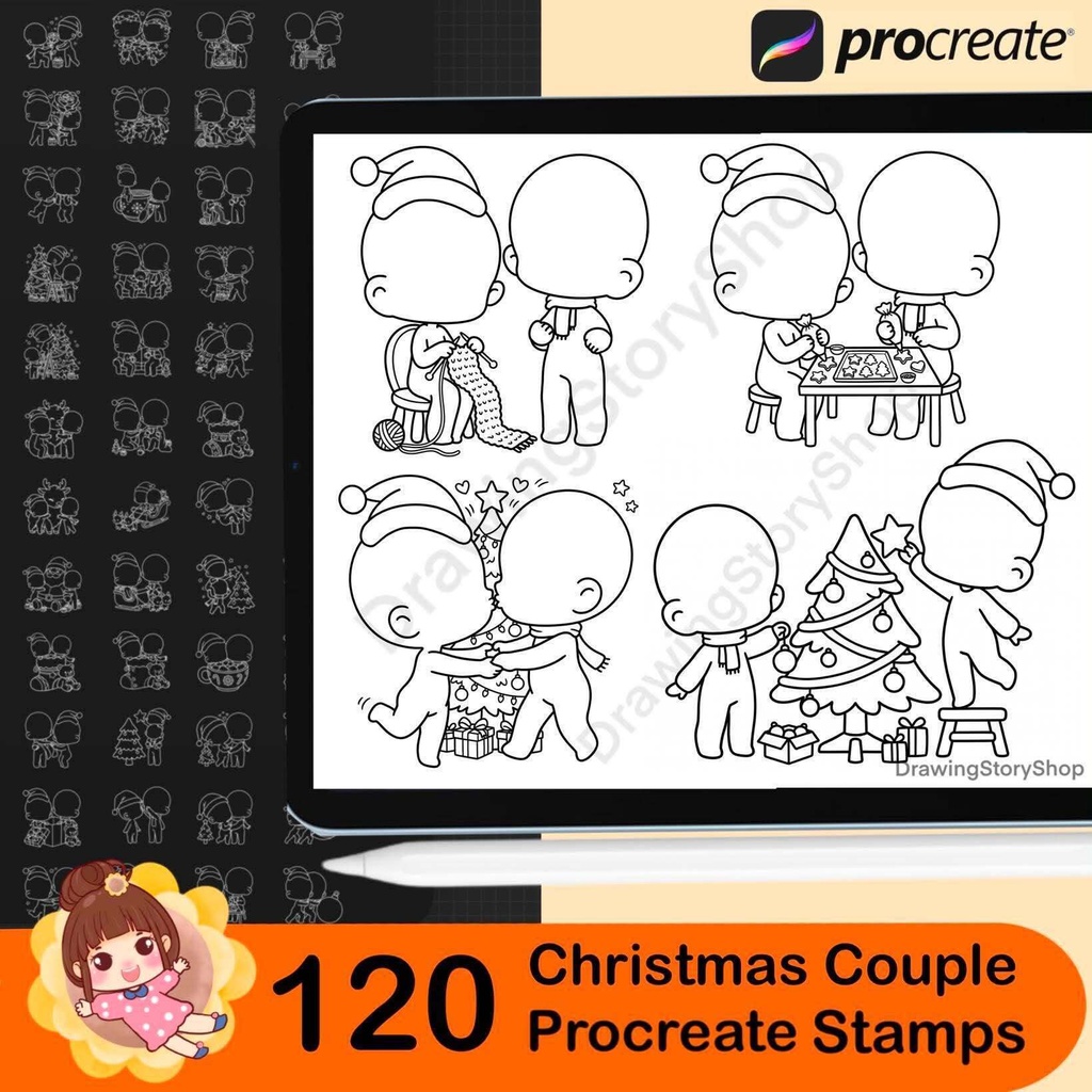 120 Christmas Couple Stamps for Procreate, Cute Chibi Christmas Brushes, Kawaii Holiday Doodle & Anime Couple Poses