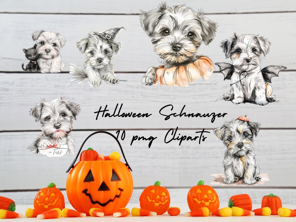 ハロウィン・ミニチュアシュナウザー クリップアートセット（PNG透過／10点）