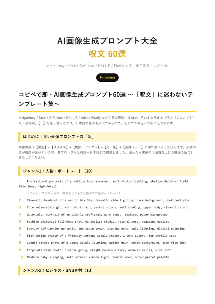 【コピペで即】AI画像生成プロンプト60選|Midjourney/Stable Diffusion/DALL·E対応 呪文テンプレ集