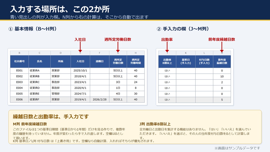 年次有給休暇管理簿 Excel|入社日から付与日数を自動計算・年5日の取得義務も色で管理(30名分)