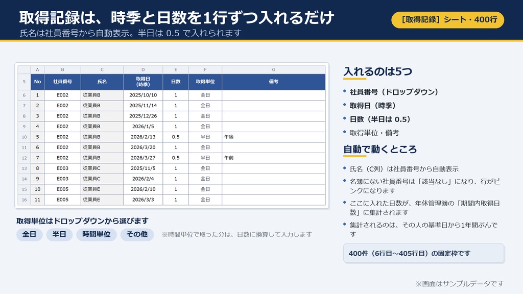 年次有給休暇管理簿 Excel|入社日から付与日数を自動計算・年5日の取得義務も色で管理(30名分)