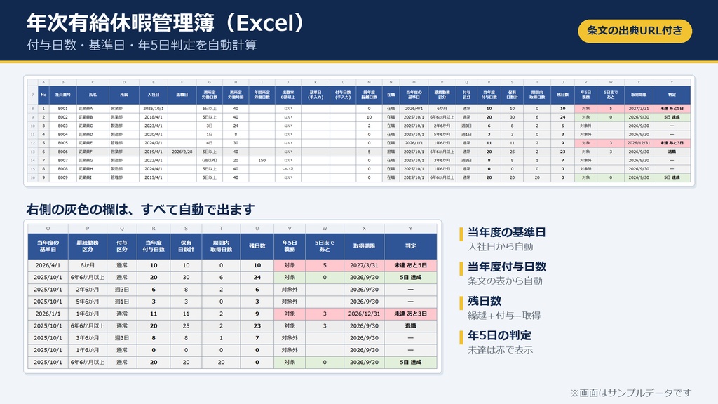 年次有給休暇管理簿 Excel｜入社日から付与日数を自動計算・年5日の取得義務も色で管理（30名分）