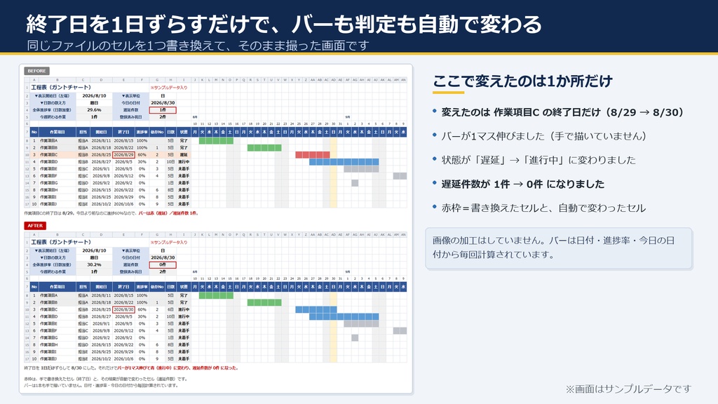 Excel工程表 ガントチャート|日付を入れるだけでバーが伸び遅れが赤くなる(20行版+50行版・マクロなし)