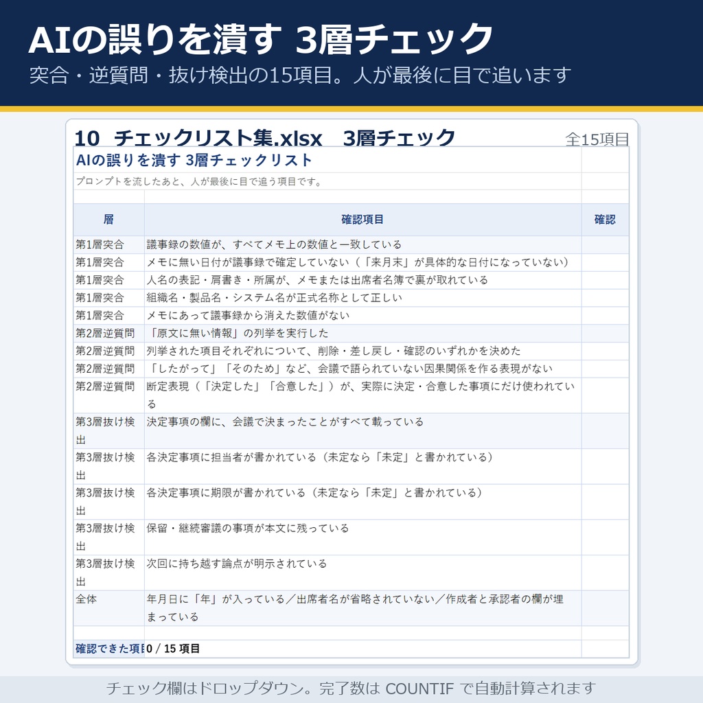 法定議事録の条文早見表+生成AI社内規程ひな形(全12条+附則)|取締役会・株主総会・安全衛生委員会・労使委員会/議事録の3層チェック15項目・プロンプト32本(Word7・Excel5)