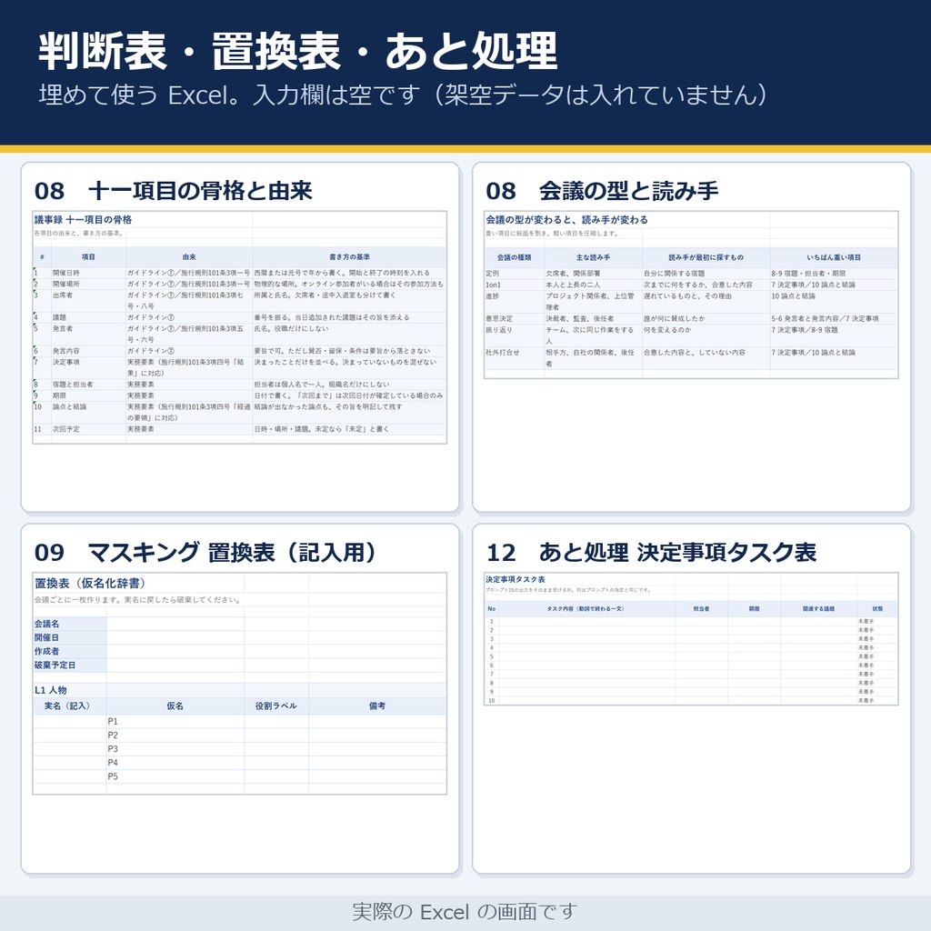 法定議事録の条文早見表+生成AI社内規程ひな形(全12条+附則)|取締役会・株主総会・安全衛生委員会・労使委員会/議事録の3層チェック15項目・プロンプト32本(Word7・Excel5)