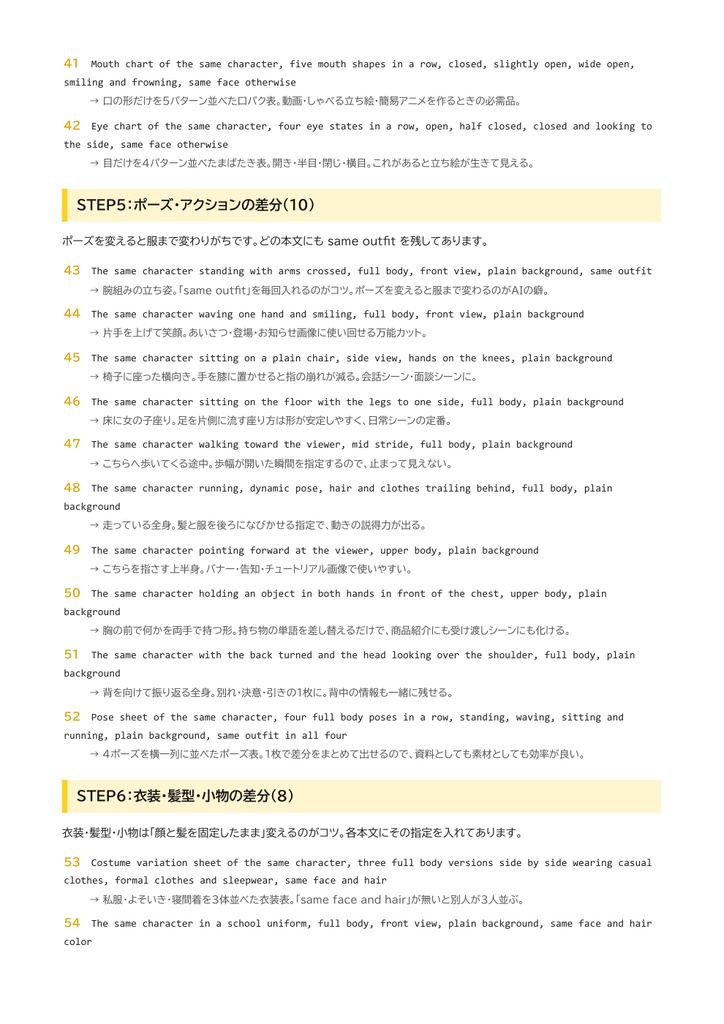 【同じキャラを何枚でも】AI画像生成プロンプト60選 キャラクター設定資料編|三面図・立ち絵・表情差分・ポーズ差分|Midjourney/SD/ChatGPT/Gemini対応